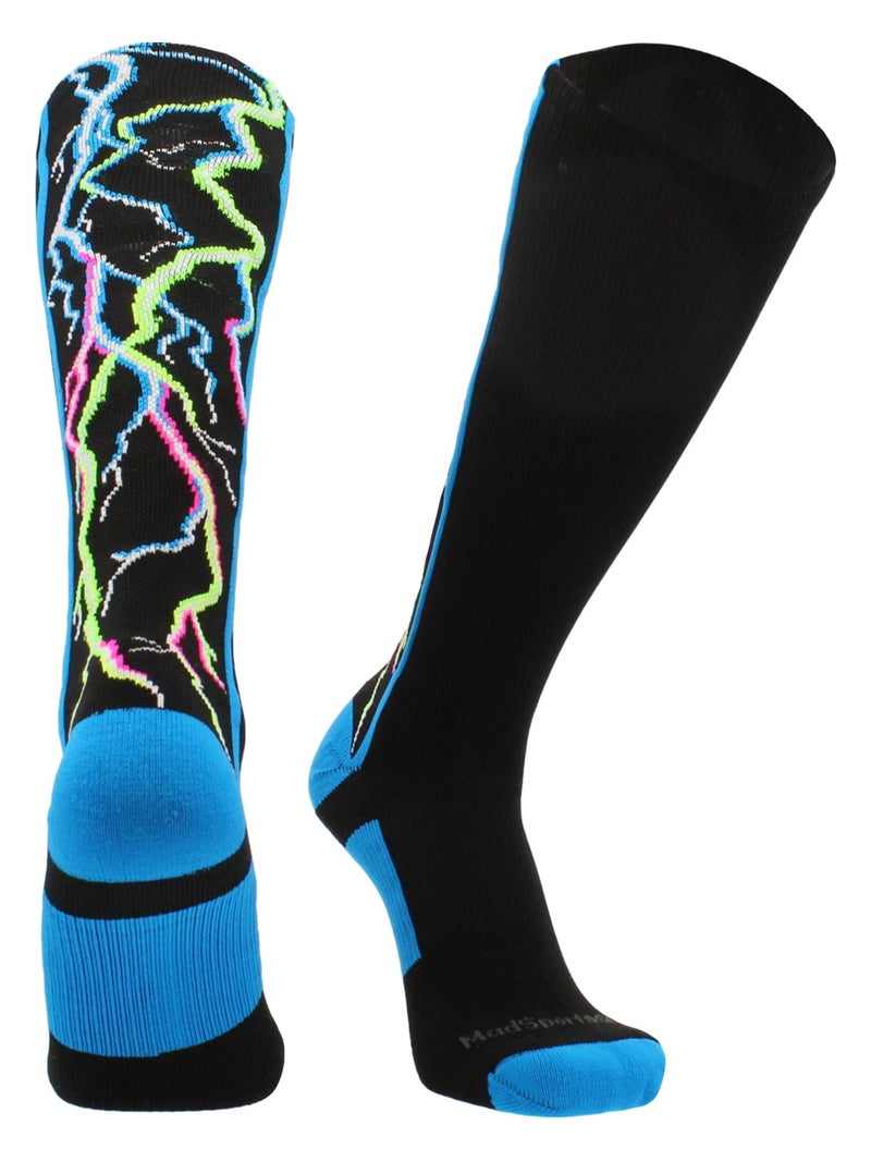 MadSportsStuff Crazy Socks with Lightning Bolts Electric Storm Over the Calf (Multi-Neon/Black, Medium) - Image 1